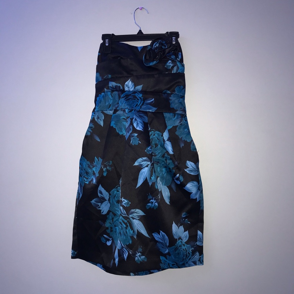 Strapless HOCO semi formal Blue black Flower Dress - Picture 1 of 2